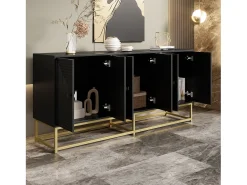 Aparador moderno con 3 puertas dobles - 160 x 38 x 75,5 cm - con patas doradas - aglomerado - negro