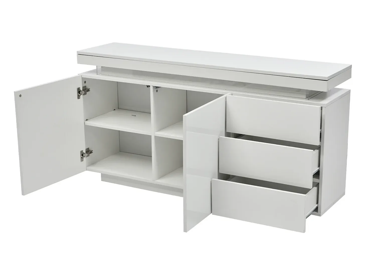 Aparador moderno con 2 puertas y 3 cajones, superficie brillante, iluminación LED, diseño sin tiradores, para salón, 140×35×72,5 cm, blanco