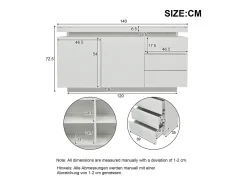 Aparador moderno con 2 puertas y 3 cajones, superficie brillante, iluminación LED, diseño sin tiradores, para salón, 140×35×72,5 cm, blanco