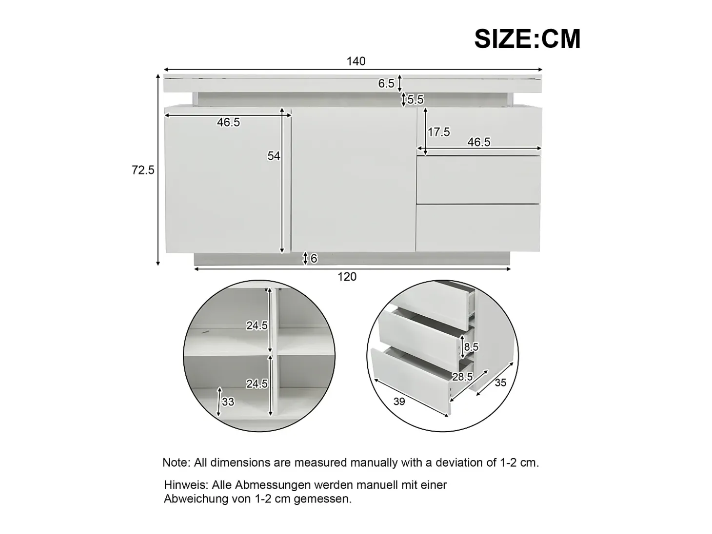 Aparador moderno con 2 puertas y 3 cajones, superficie brillante, iluminación LED, diseño sin tiradores, para salón, 140×35×72,5 cm, blanco
