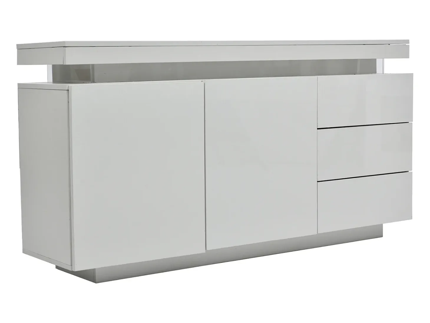 Aparador moderno con 2 puertas y 3 cajones, superficie brillante, iluminación LED, diseño sin tiradores, para salón, 140×35×72,5 cm, blanco