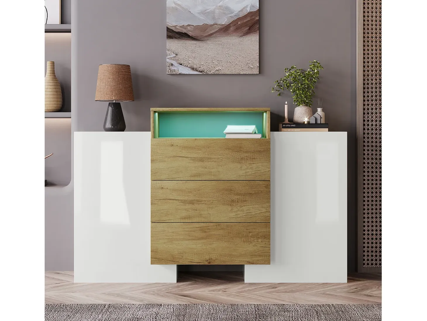 Aparador moderno con LED multicolor, acabado alto brillo y madera, MDF, blanco y madera (140x30x77,5 cm)