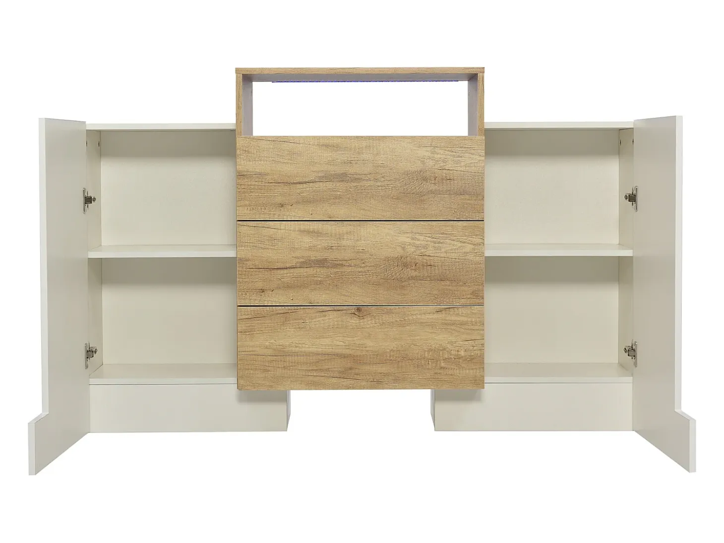 Aparador moderno con LED multicolor, acabado alto brillo y madera, MDF, blanco y madera (140x30x77,5 cm)