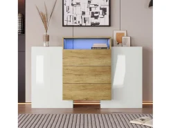 Aparador moderno con LED multicolor, acabado alto brillo y madera, MDF, blanco y madera (140x30x77,5 cm)