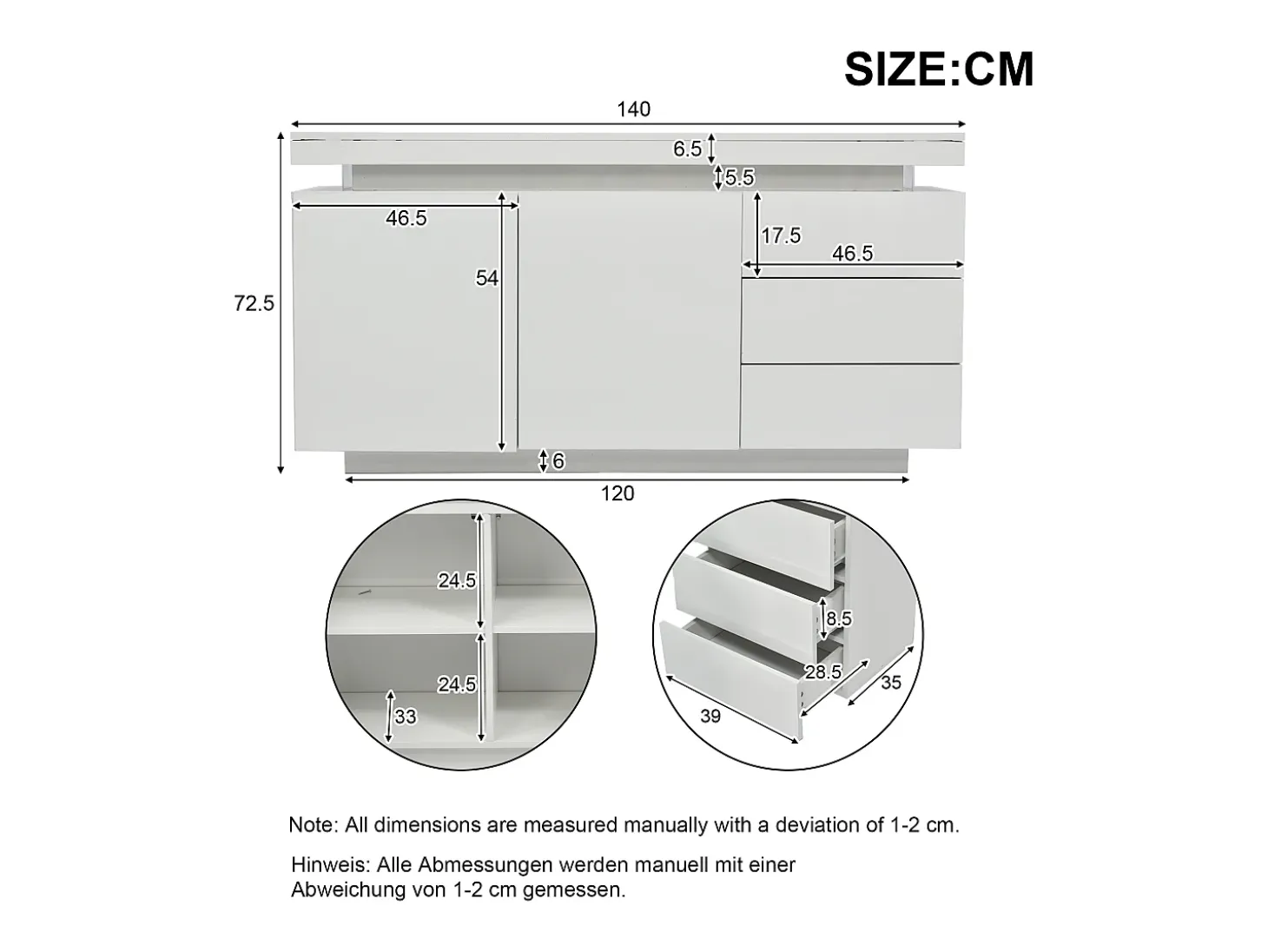 Aparador moderno con LED, puertas sin tiradores, 2 puertas, 3 cajones, tablero de partículas, blanco, 140x35x72,5 cm