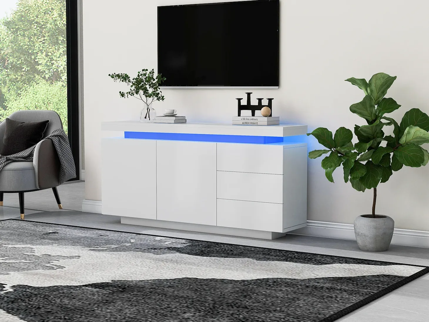 Aparador moderno con LED, puertas sin tiradores, 2 puertas, 3 cajones, tablero de partículas, blanco, 140x35x72,5 cm