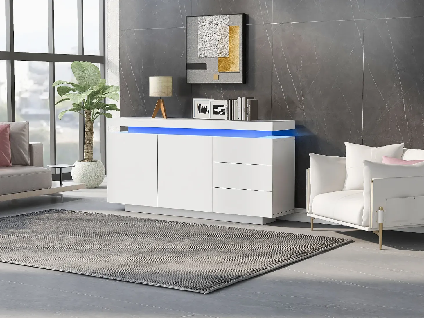 Aparador moderno con LED, puertas sin tiradores, 2 puertas, 3 cajones, tablero de partículas, blanco, 140x35x72,5 cm
