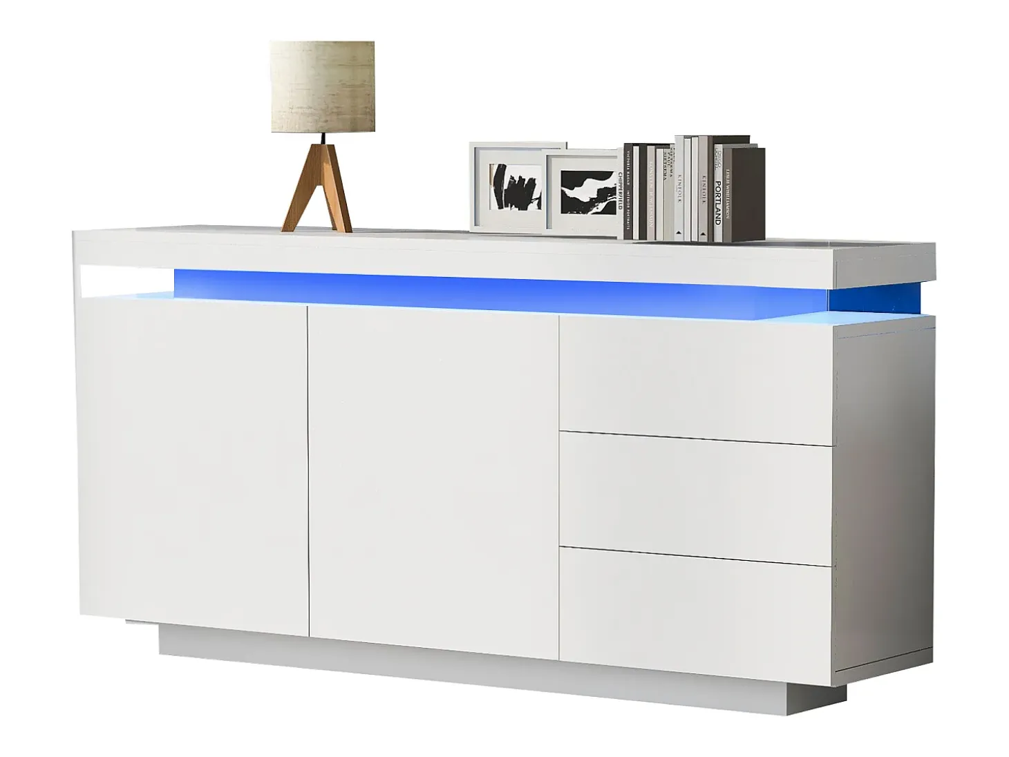 Aparador moderno con LED, puertas sin tiradores, 2 puertas, 3 cajones, tablero de partículas, blanco, 140x35x72,5 cm