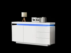 Aparador moderno con LED, puertas sin tiradores, 2 puertas, 3 cajones, tablero de partículas, blanco, 140x35x72,5 cm
