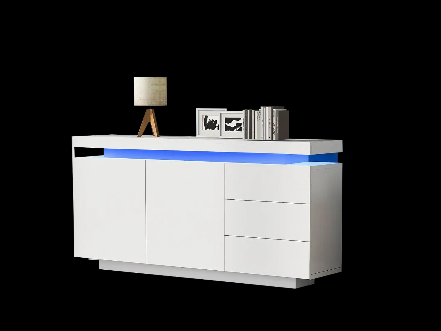 Aparador moderno con LED, puertas sin tiradores, 2 puertas, 3 cajones, tablero de partículas, blanco, 140x35x72,5 cm