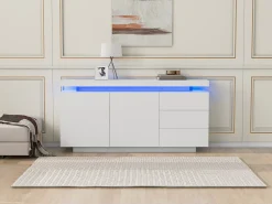 Aparador moderno con LED, puertas sin tiradores, 2 puertas, 3 cajones, tablero de partículas, blanco, 140x35x72,5 cm