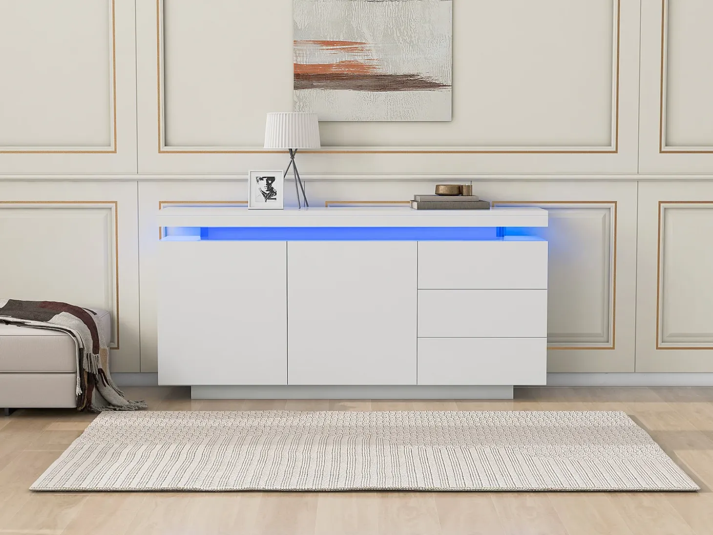 Aparador moderno con LED, puertas sin tiradores, 2 puertas, 3 cajones, tablero de partículas, blanco, 140x35x72,5 cm