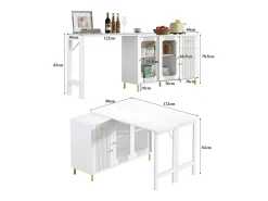 Aparador moderno con mesa plegable y extensible, 3 puertas, diseño de ondas 3D, patas de metal dorado, cristal templado, MDF, blanco (116x40x78,5 cm)