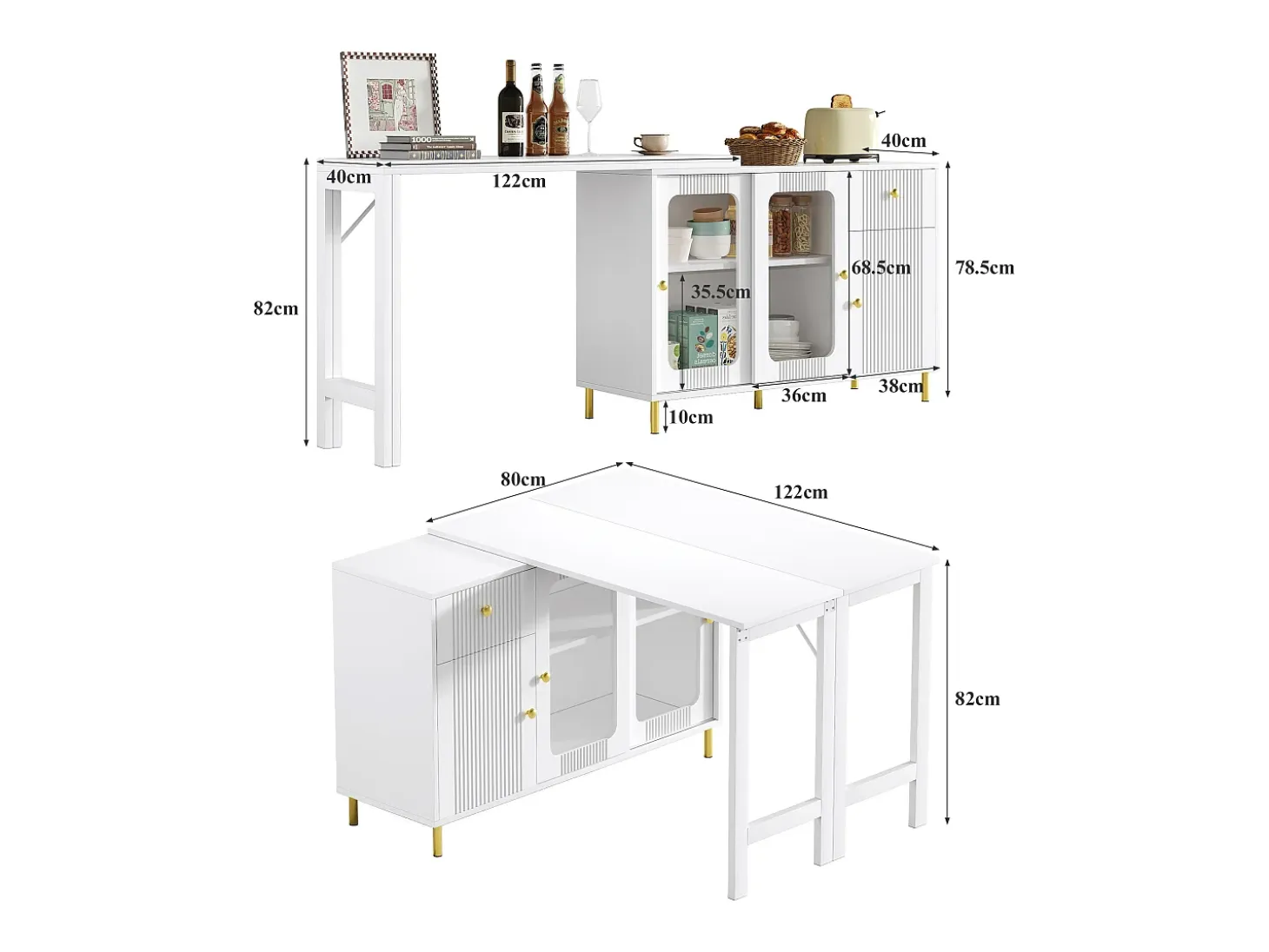 Aparador moderno con mesa plegable y extensible, 3 puertas, diseño de ondas 3D, patas de metal dorado, cristal templado, MDF, blanco (116x40x78,5 cm)