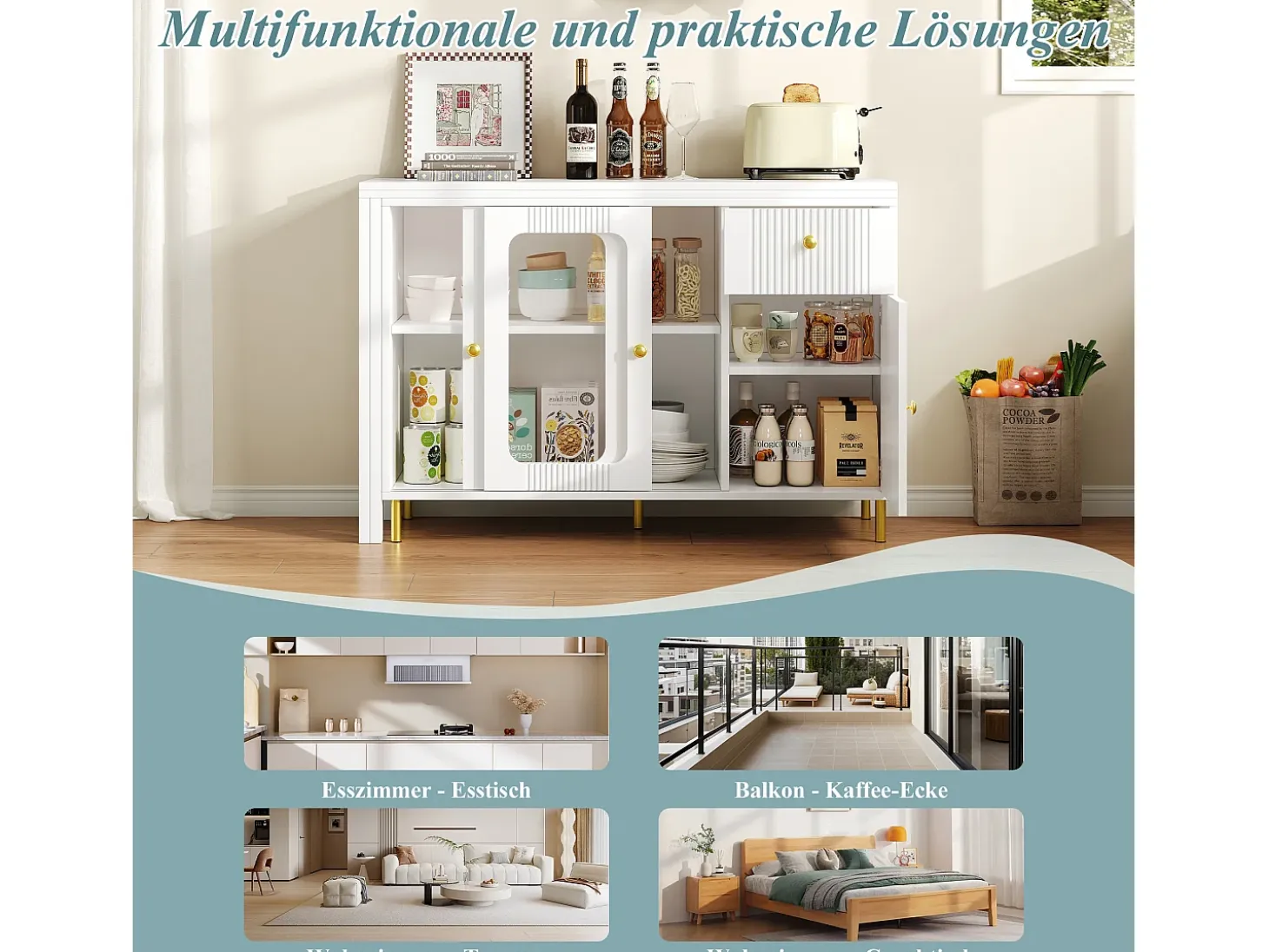 Aparador moderno con mesa plegable y extensible, 3 puertas, diseño de ondas 3D, patas de metal dorado, cristal templado, MDF, blanco (116x40x78,5 cm)