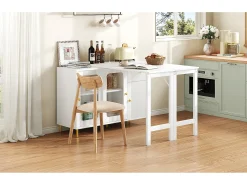 Aparador moderno con mesa plegable y extensible, 3 puertas, diseño de ondas 3D, patas de metal dorado, cristal templado, MDF, blanco (116x40x78,5 cm)