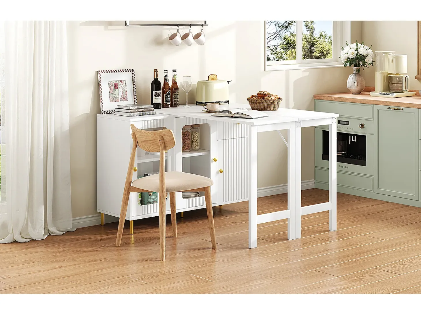 Aparador moderno con mesa plegable y extensible, 3 puertas, diseño de ondas 3D, patas de metal dorado, cristal templado, MDF, blanco (116x40x78,5 cm)