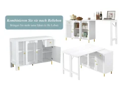 Aparador moderno con mesa plegable y extensible, 3 puertas, diseño de ondas 3D, patas de metal dorado, cristal templado, MDF, blanco (116x40x78,5 cm)