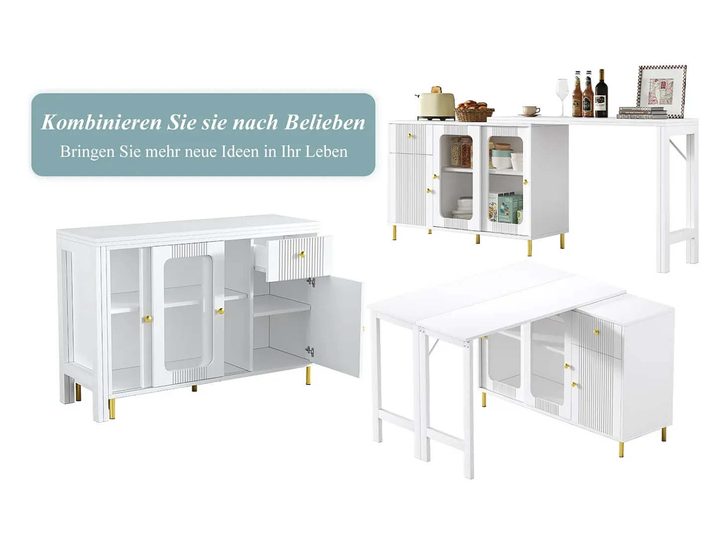Aparador moderno con mesa plegable y extensible, 3 puertas, diseño de ondas 3D, patas de metal dorado, cristal templado, MDF, blanco (116x40x78,5 cm)