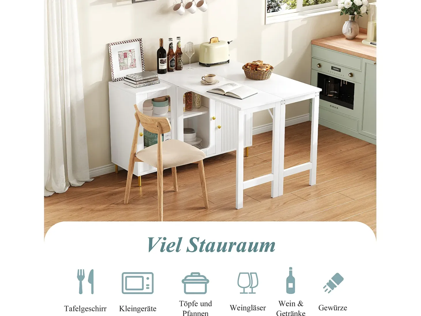 Aparador moderno con mesa plegable y extensible, 3 puertas, diseño de ondas 3D, patas de metal dorado, cristal templado, MDF, blanco (116x40x78,5 cm)