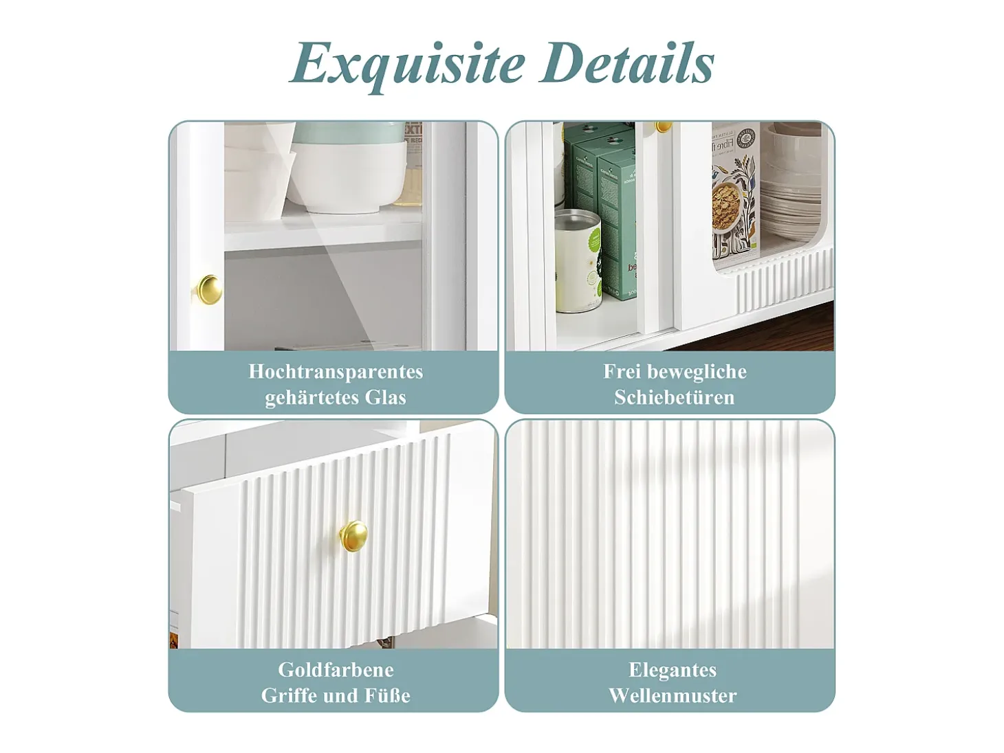 Aparador moderno con mesa plegable y extensible, 3 puertas, diseño de ondas 3D, patas de metal dorado, cristal templado, MDF, blanco (116x40x78,5 cm)