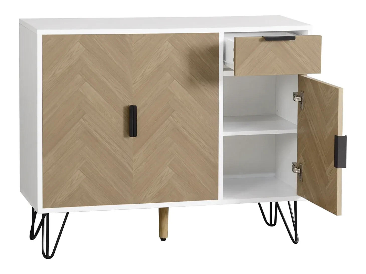 Aparador moderno con patas metálicas, para recibidor y salón, 90 x 30 x 71,5 cm, color blanco.