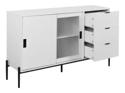 Aparador moderno con puerta de cristal templado y 3 cajones, mueble consola para entrada, aparador de cocina para pasillos, blanco (155x40x91,5 cm)