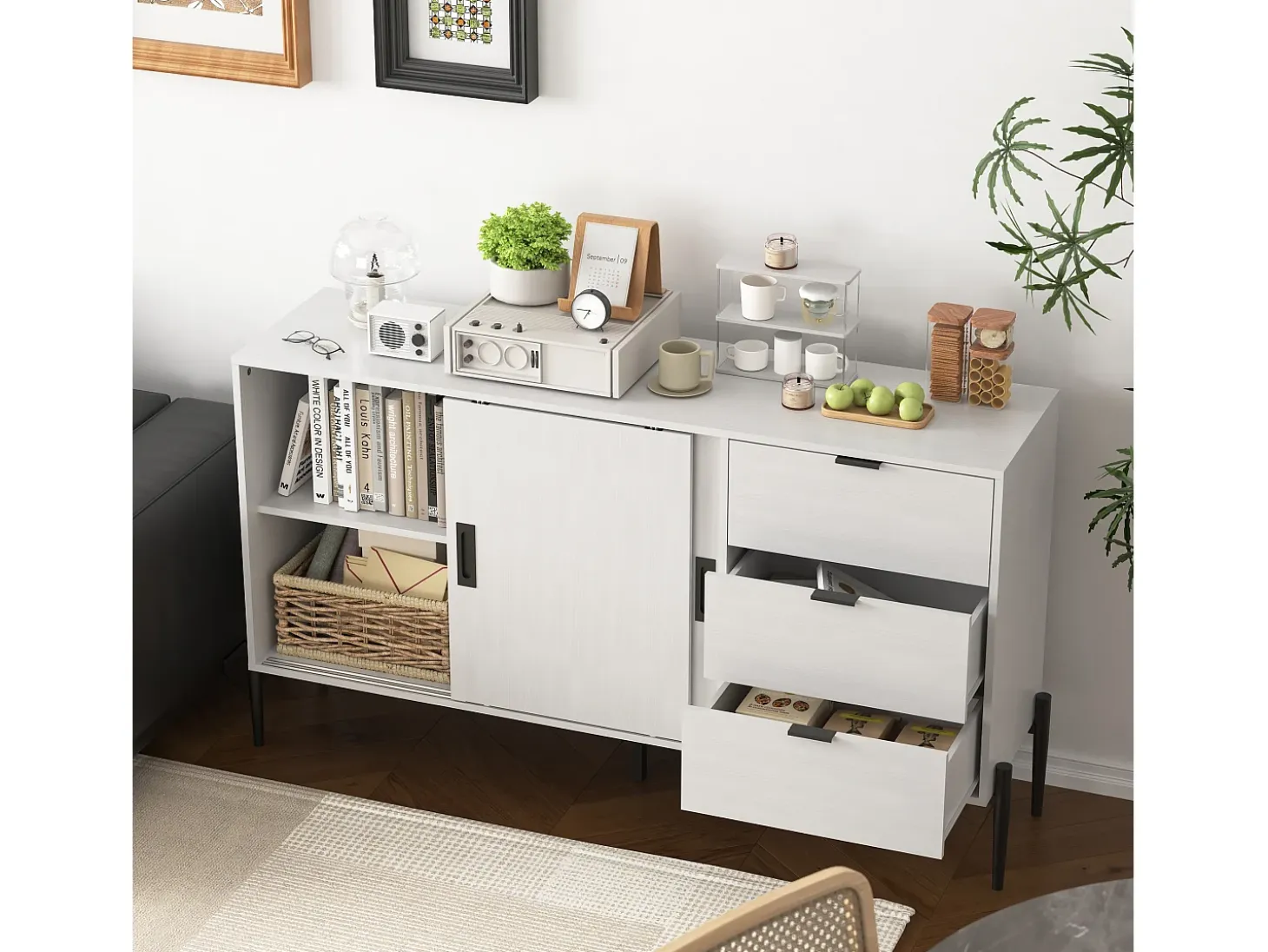 Aparador moderno con puerta de cristal templado y 3 cajones, mueble consola para entrada, aparador de cocina para pasillos, blanco (155x40x91,5 cm)