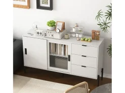 Aparador moderno con puerta de cristal templado y 3 cajones, mueble consola para entrada, aparador de cocina para pasillos, blanco (155x40x91,5 cm)