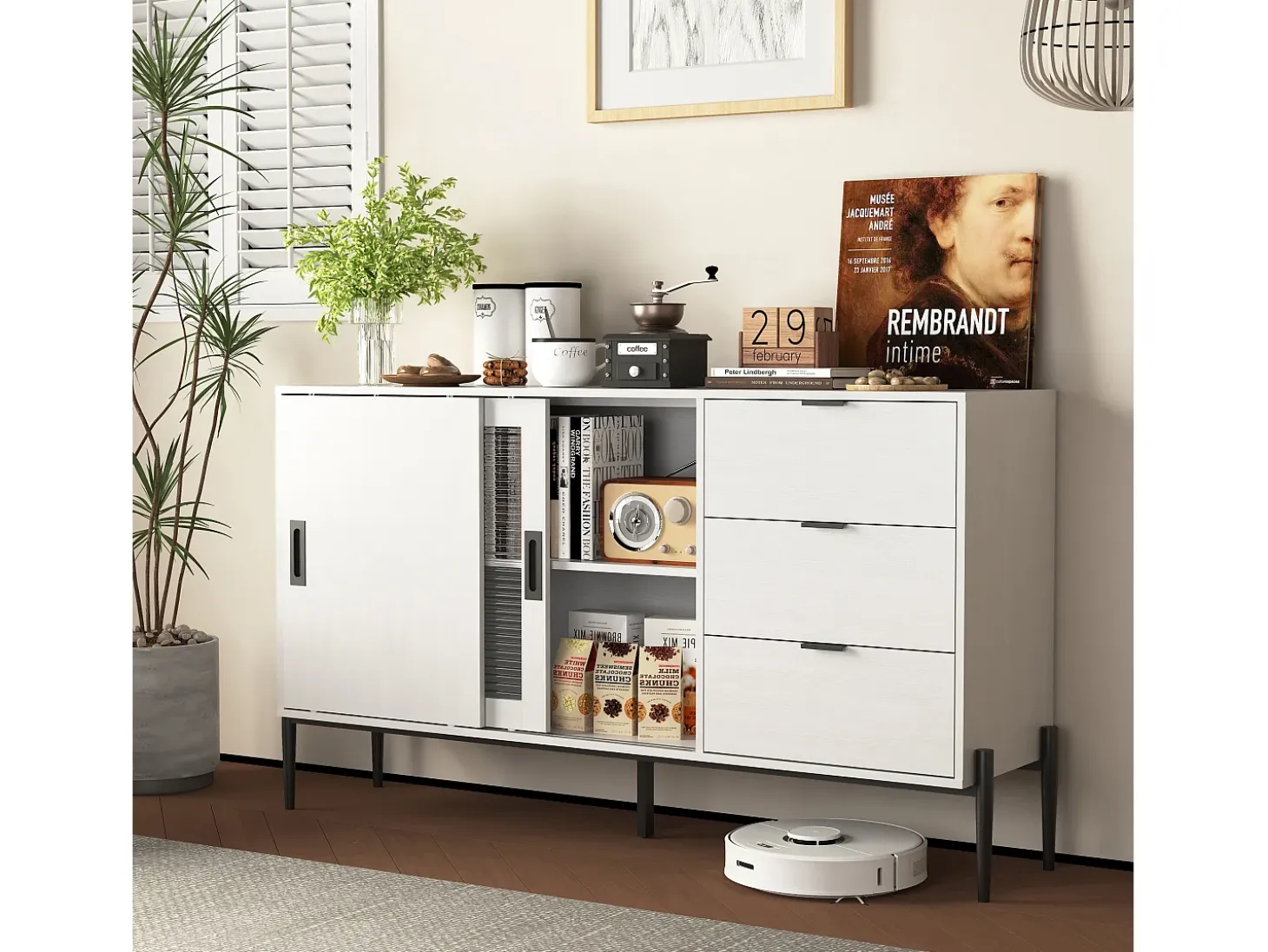 Aparador moderno con puerta de cristal templado y 3 cajones, mueble consola para entrada, aparador de cocina para pasillos, blanco (155x40x91,5 cm)
