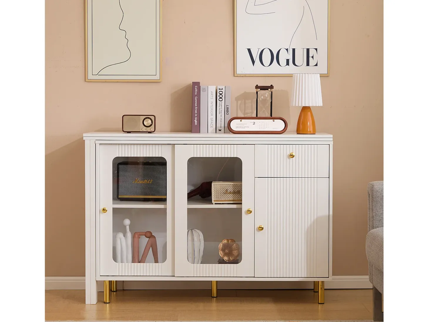 Aparador moderno con tapa giratoria retráctil - varios espacios de almacenamiento - MDF - Blanco