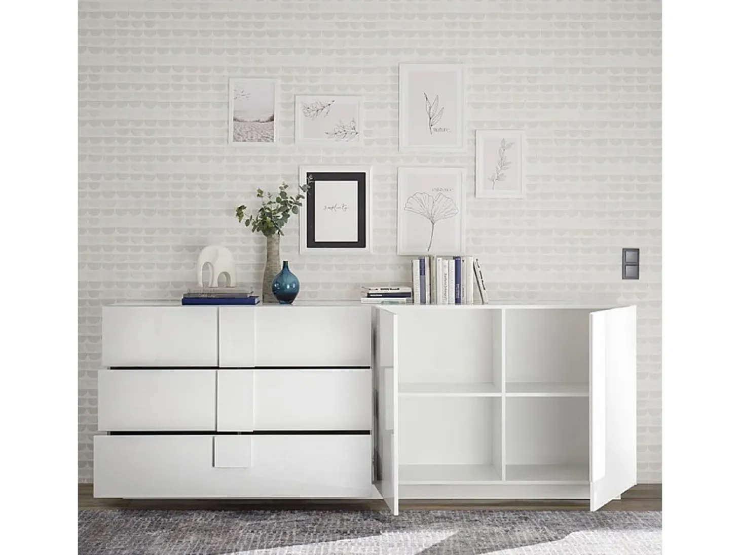 Aparador moderno de 2 puertas y 3 cajones en blanco brillante Jupiter WH L1