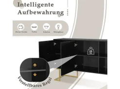 Aparador moderno de 3 puertas con estantes ajustables, puertas en forma de U, base y tiradores de metal (negro)