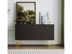 Aparador moderno de 3 puertas con estantes ajustables, puertas en forma de U, base y tiradores de metal (negro)