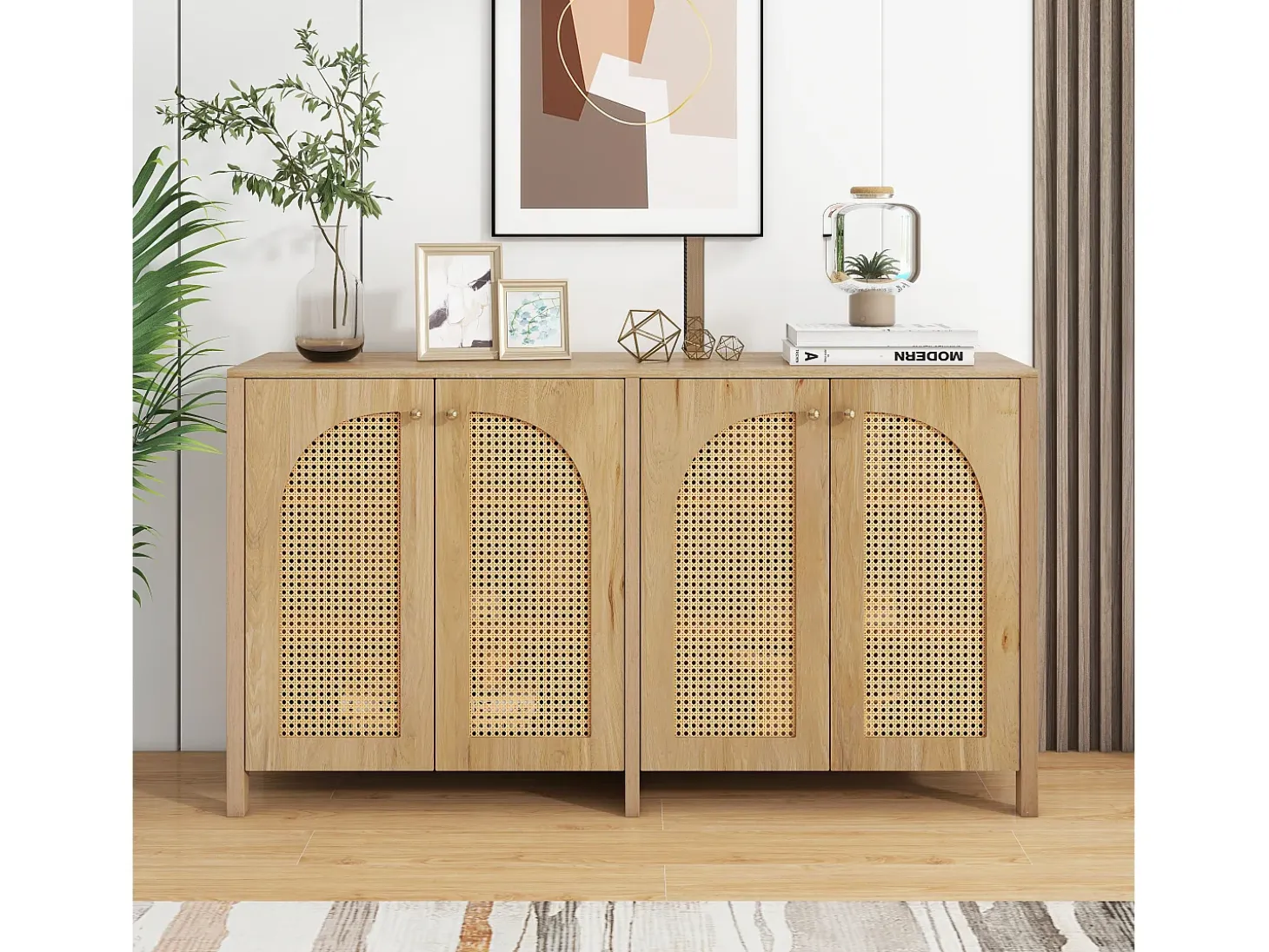 Aparador moderno de 4 puertas, diseño limpio, MDF, natural (145x80x40 cm)