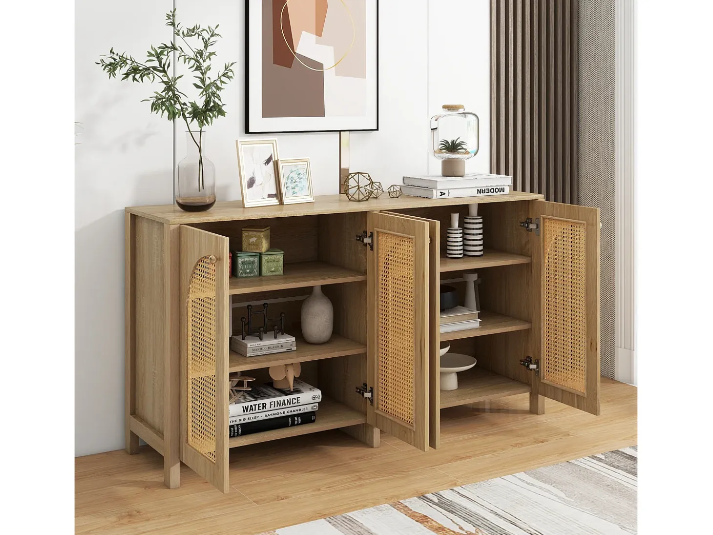 Aparador moderno de 4 puertas, diseño limpio, MDF, natural (145x80x40 cm)