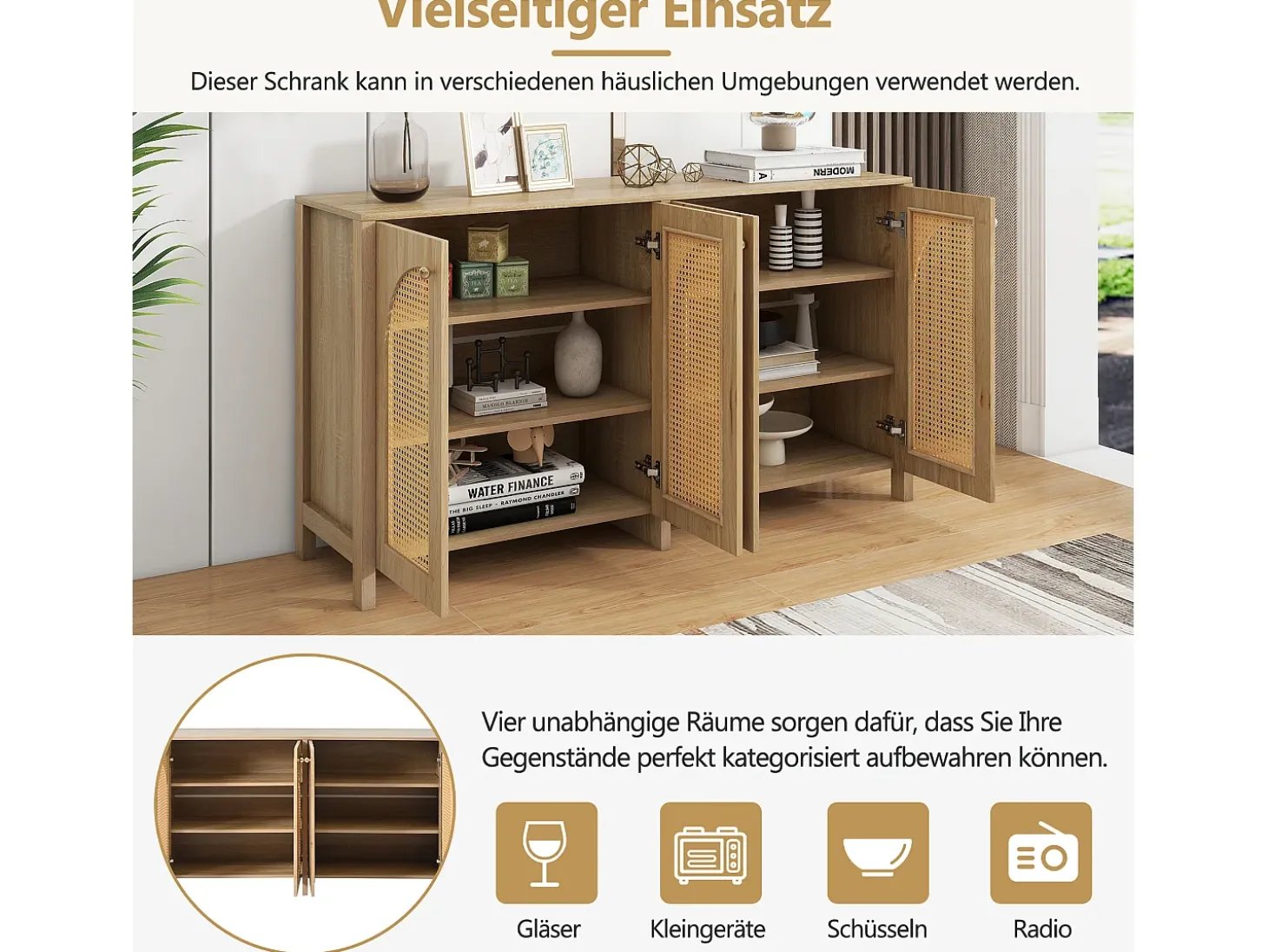 Aparador moderno de 4 puertas, diseño limpio, MDF, natural (145x80x40 cm)