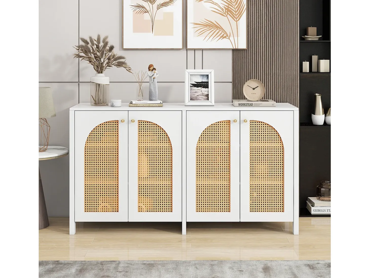 Aparador moderno de 4 puertas, diseño elegante, MDF, blanco (145x80x40 cm)