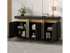 Aparador moderno de 3 puertas con estantes regulables, acabado negro y dorado, (140x38x70 cm)