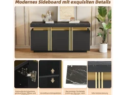Aparador moderno de 3 puertas con estantes regulables, acabado negro y dorado, (140x38x70 cm)