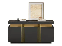 Aparador moderno de 3 puertas con estantes regulables, acabado negro y dorado, (140x38x70 cm)