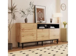 Aparador moderno de madera con 3 puertas y estantes, madera natural, cómoda.