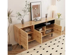 Aparador moderno de madera con 3 puertas y estantes, madera natural, cómoda.