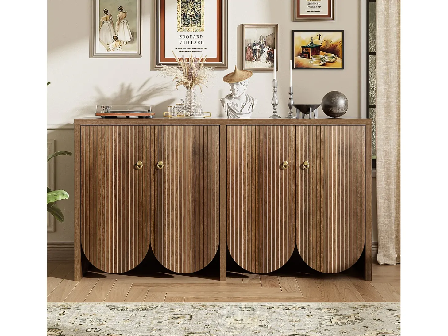 Aparador moderno de madera de nogal, con 4 puertas y estantes regulables, MDF, (147x40x80 cm)
