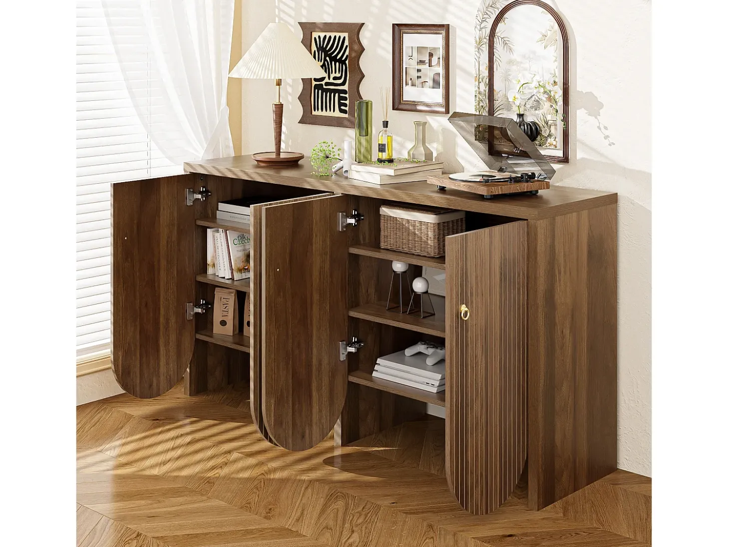 Aparador moderno de madera de nogal, con 4 puertas y estantes regulables, MDF, (147x40x80 cm)