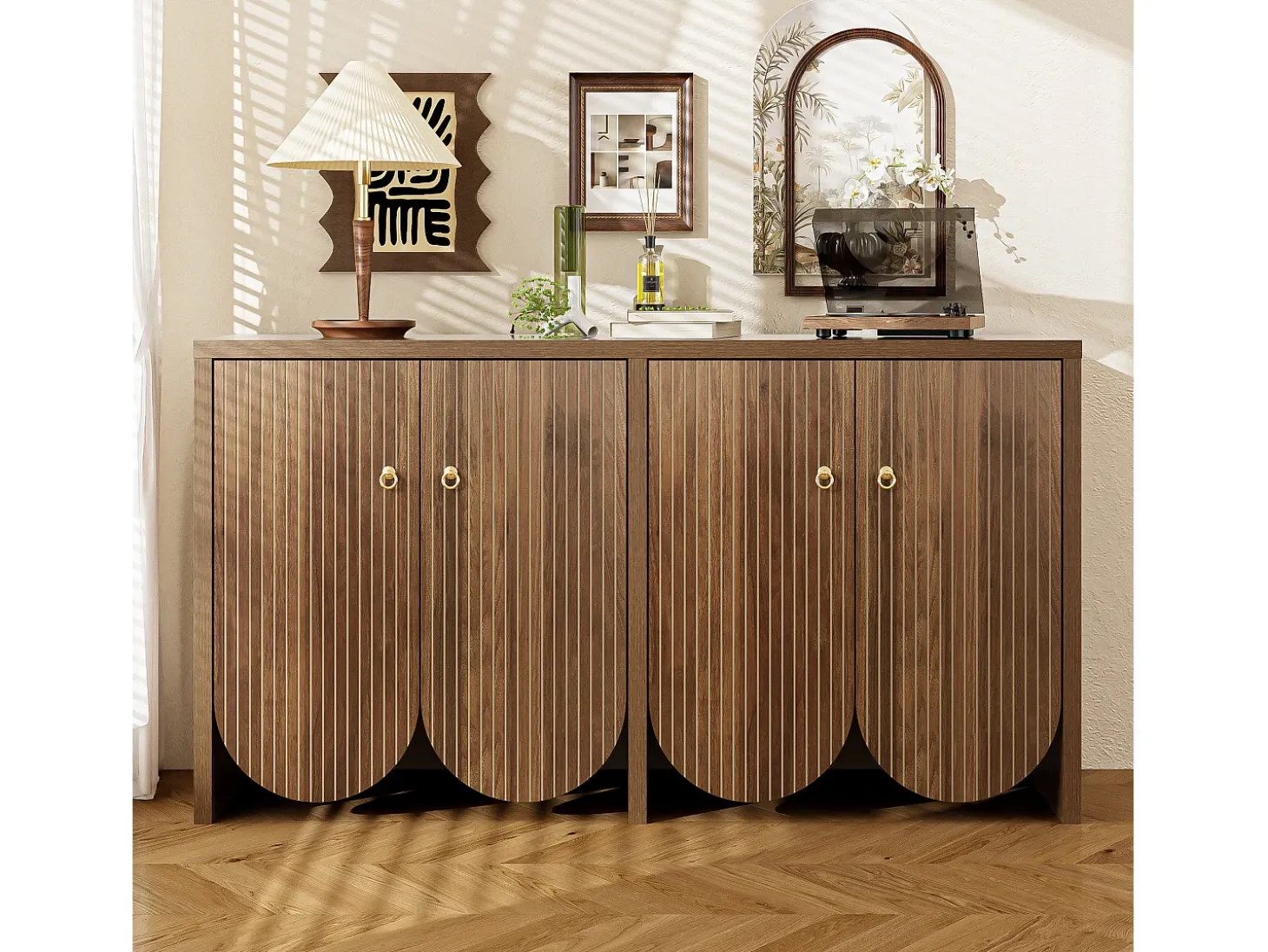 Aparador moderno de madera de nogal, con 4 puertas y estantes regulables, MDF, (147x40x80 cm)