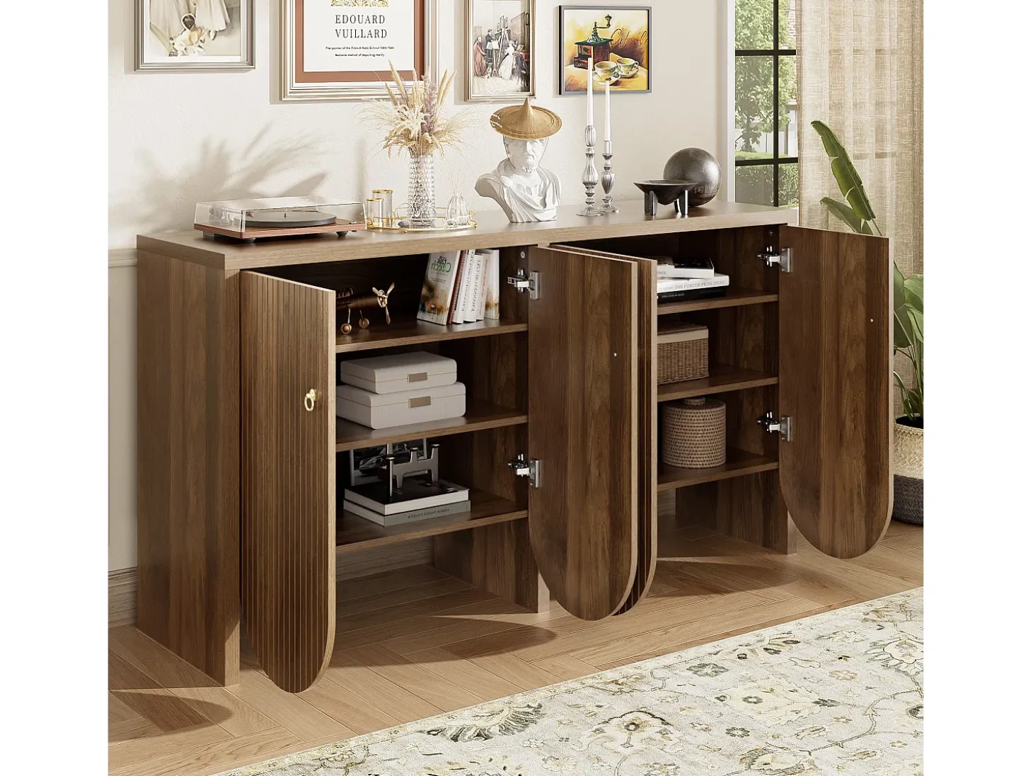 Aparador moderno de madera de nogal, con 4 puertas y estantes regulables, MDF, (147x40x80 cm)