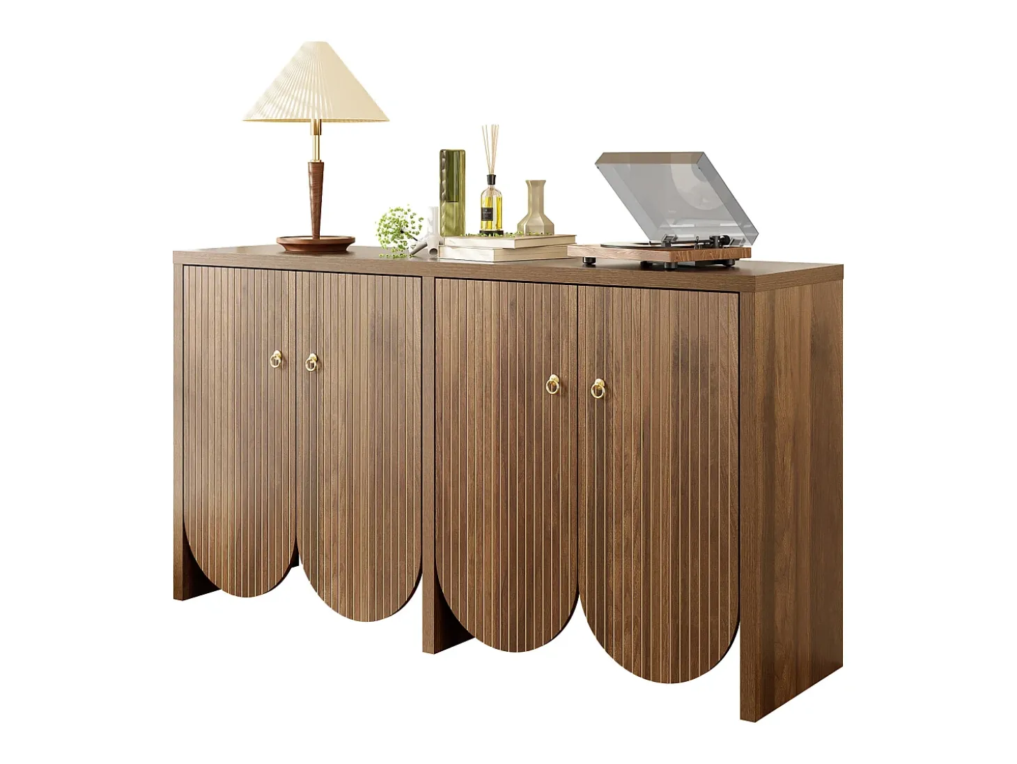 Aparador moderno de madera de nogal, con 4 puertas y estantes regulables, MDF, (147x40x80 cm)