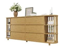 Aparador moderno de roble - 160 x 40 x 75 cm - con columnas y estantes de bambú + 6 cajones - Bambú + MDF - natural
