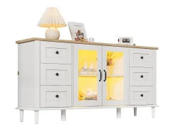 Aparador moderno de salón - 150 x 40 x 75 cm - con 2 puertas acrílicas + 6 cajones + LED + estante - MDF - blanco